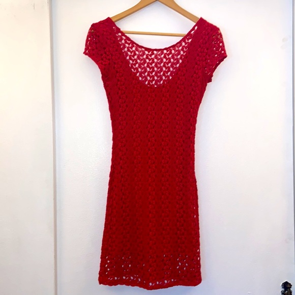 Free People Crochet Bodycon Mini Dress Red XS - Picture 2 of 10